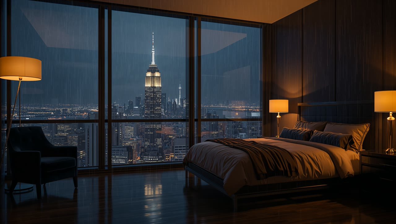 City penthouse bedroom with rain on the windows and the Empire State Building at night