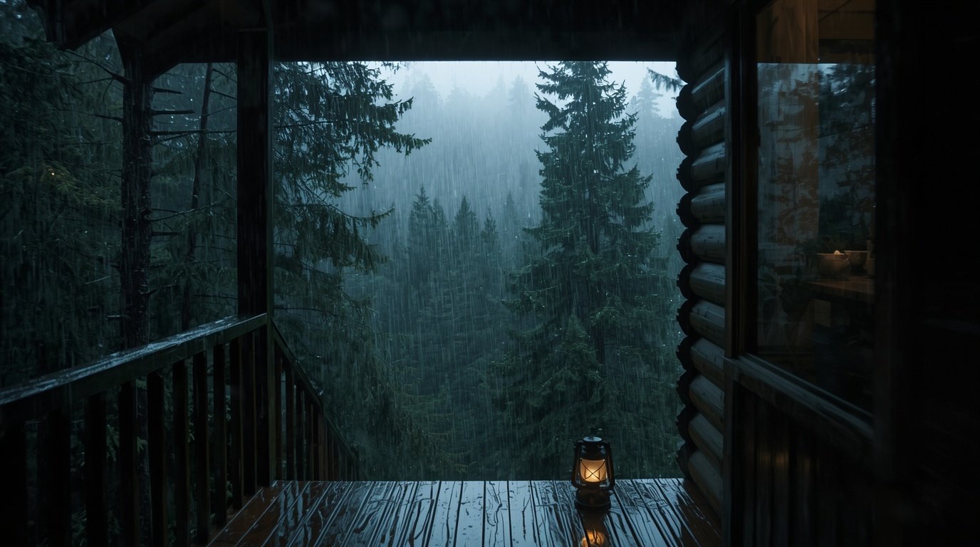 Forest cabin porch with a lantern and rain at night
