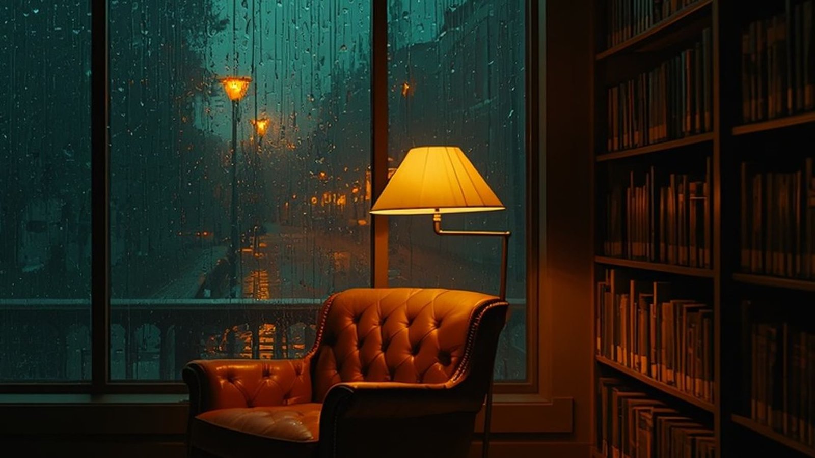 Library armchair and lamp at night